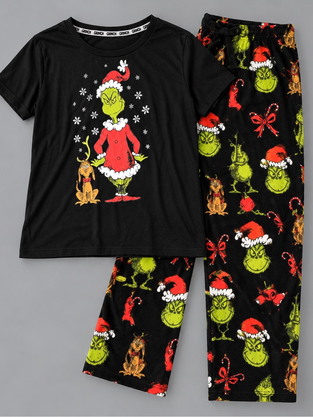 The Grinch Dr. Seuss Christmas Pajama Set Black Shirt Plush Pants L